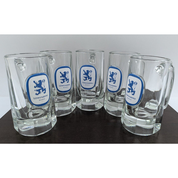 Set of 5 VINTAGE LOWENBRAU Heavy Glass Beer Steins 10 OZ. 5.5" Tall - Picture 1 of 8